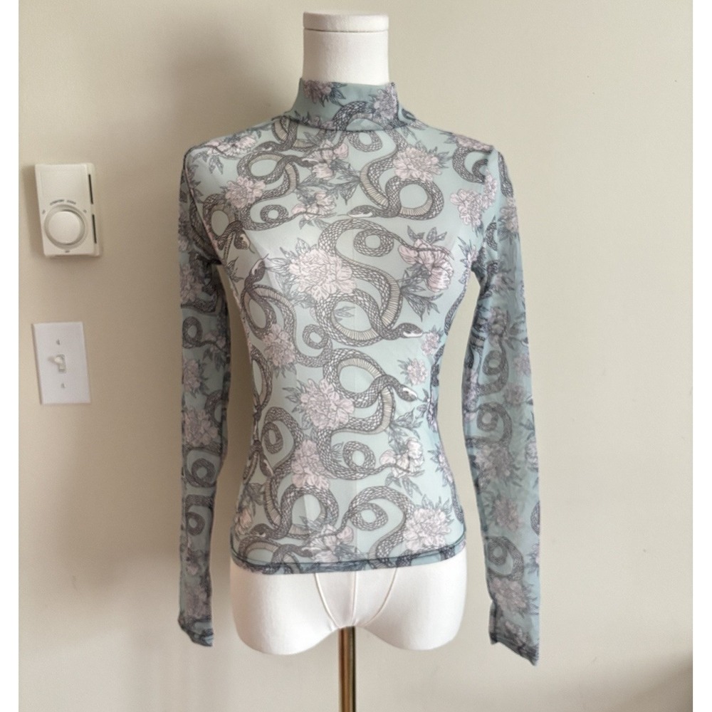 Y2K‎ Vibe Sheer Mesh Top Floral Snake Blue Stretchy Party Going Out Gothic Chic